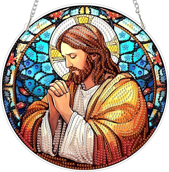 MXJSUA Diamond Art Hanging Kits for Adults Beginners, Stained Glass Jesus DIY Acrylic Special Shaped Crystal Diamond Gem Art Pendant Drills Painting Ornament for Home Wall Decor and Gift
