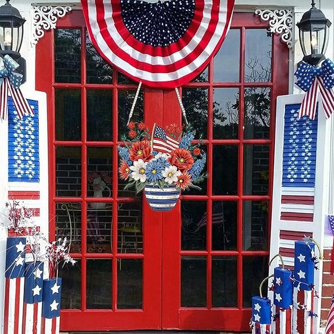 DOMROM 4TH of July Diamond Art Hanging Kit for Adult, Flower Diamond Art Hanging Kit, Patriotic DIY Diamond Art, Independence Day Diamond Hanging Pendant, Window Pendants Garden Wall Hanging Ornament