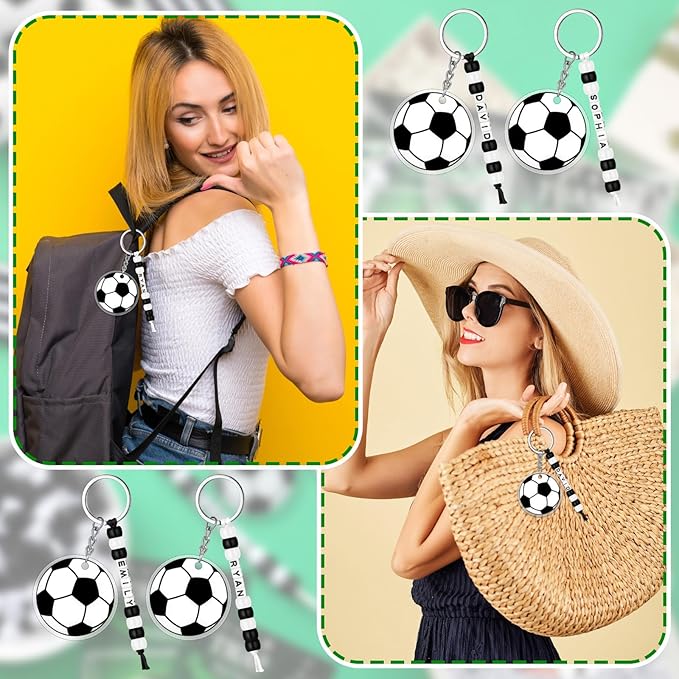 Suncalla 984 Pcs 24 Set Soccer Keychain Making Kit DIY Soccer Bag Tag Sport Key Chain Crafts Adjustable Letter Beads Cards Strings Kit Team Gift Backpack Accessories Party Favors(White Black)