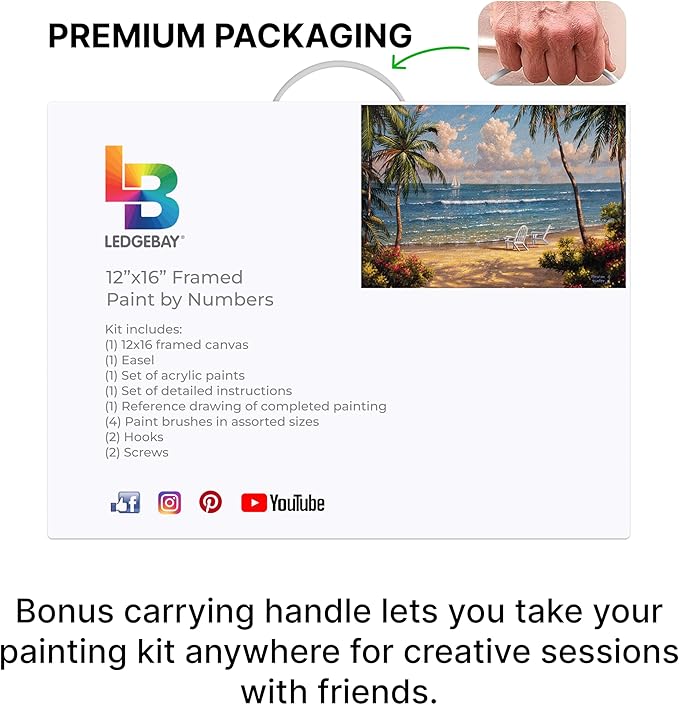 Ledgebay DIY Paint by Numbers Kit for Adults Framed Canvas: Beginner to Advanced Paint by Numbers Kit, Kits Include Acrylic Paint Set Brushes Tabletop Easel (Seaside Paradise 12" x 16" Framed)