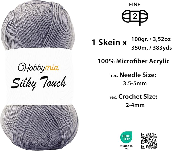 Silky Touch Acrylic Yarn - Soft Sport Weight Yarn for Crochet & Knitting - 100g / 383yds - 100% Microfiber Acrylic - Lightweight Fine Smooth Yarn(Gray - Iron Gray, 1 Skein)