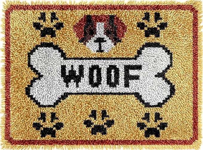 veirousa Woof Dog Bone Latch Hook Kits for Adults Beginners, Cute Letters Latch Hook Rug Kit Pre-Printed Carpet Making Kits DIY Embroidery Wall Hanging & Craft Gift 20x15 in.