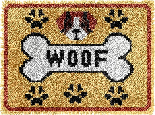 veirousa Woof Dog Bone Latch Hook Kits for Adults Beginners, Cute Letters Latch Hook Rug Kit Pre-Printed Carpet Making Kits DIY Embroidery Wall Hanging & Craft Gift 20x15 in.