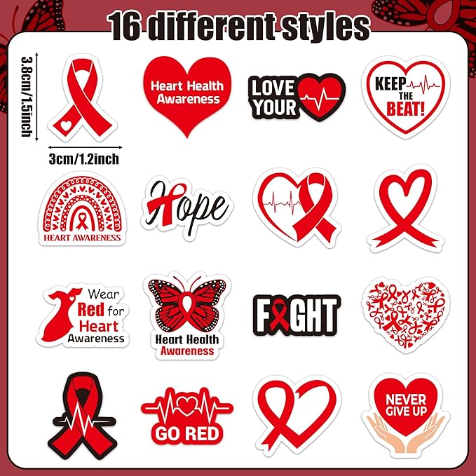 beyumi heart health awareness stickers - 1000pcs heart health awareness stickers in 2 rolls waterproof vinyl red ribbon decals school event campaign laptop bottle luggage decor