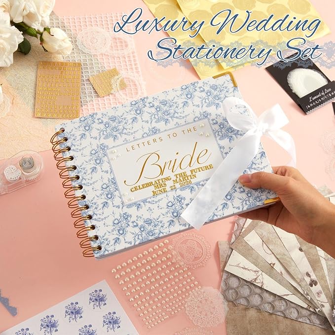 Wedding Guest Book Letters to The Bride Scrapbook Wedding Memory Book Bridal DIY Blank Paper Scrapbook Photo Album Guest Sign with Pearl Stickers(8.5 x 7 Inch,Floral,Blue)