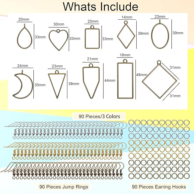 Suwimut 270 Pieces Open Bezel Pendants for Resin, 12 Styles Open Frame Pendant Assorted Geometric Hollow Mold Metal Resin Jewelry Molds for Earrings, Necklace, Pressed Flower, DIY Crafts