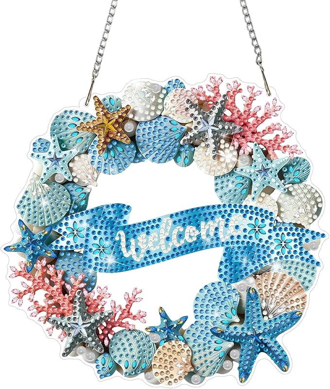 CEOVR Beach Hanging Diamond Art for Adults, Summer Seashell Diamond Painting Pendant DIY Welcome Sign Gem Art Wall Ornament, Acrylic Home Garden Decor with Chain, Box Kit 7.87×7.67inch