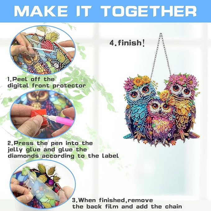VAIIEYO Owl Diamond Art Hanging Ornament, Bird Animal Diamond Painting Suncatchers Window Hanging Kit with Chain, 7.5x7.5 inch Crystal Pendant Art Craft for Gift Home Wall Front Door Decoration