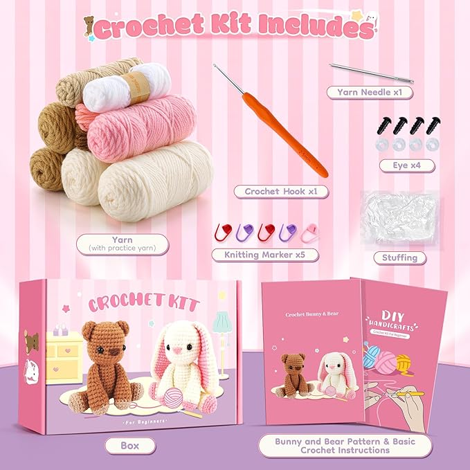 Easter Crochet Kit for Beginners, Bunny and Bear Crochet Kit with Step-by-Step Video Tutorials, Crocheting Kit for Starter, Beginner Crochet Kit for Adult, Stuffed Animal Knitting Kit for Birthday