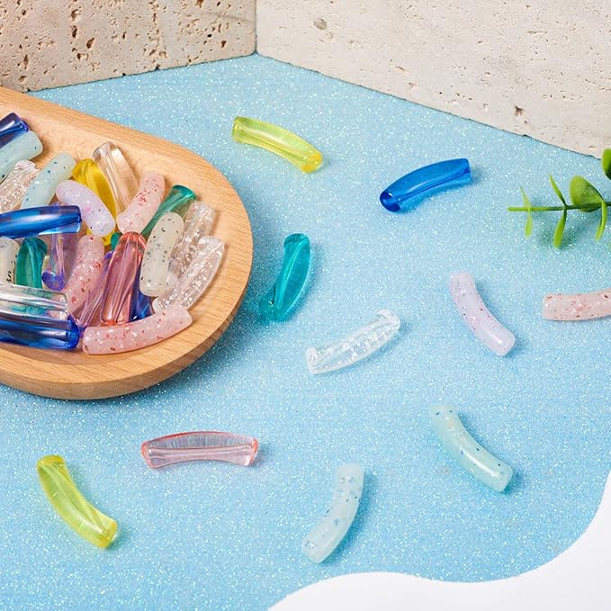 Crafans 110Pcs Transparent Acrylic Tube Beads 11 Style Long Noodle Tube Beads Curved Tube Beads Bamboo Tube Beads for Bamboo Bangles Bracelet Tube Beads Jewelry Making