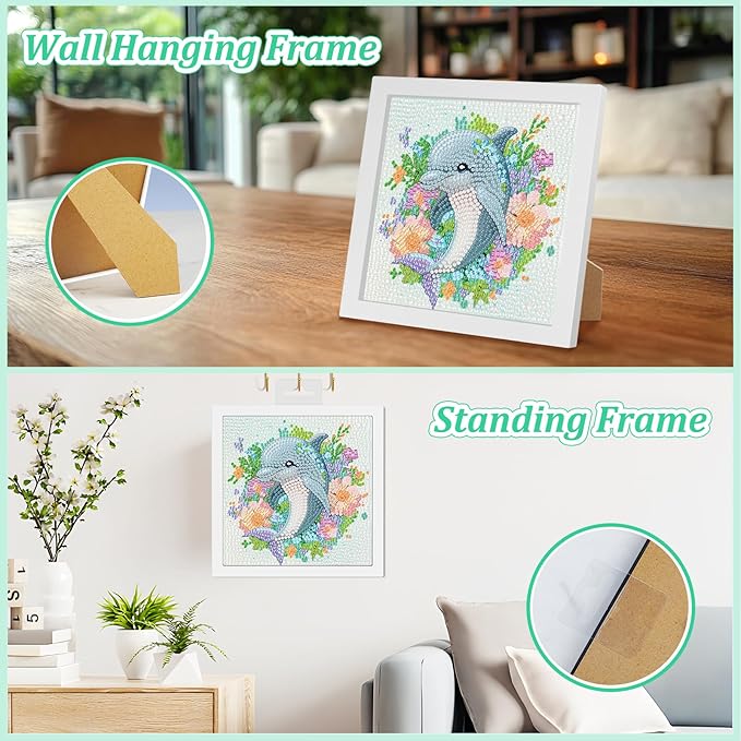 SENQAO Dolphin Diamond Art Kit for Adults with Frame Art and Crafts for Adults Ages 6-8 -10-12 Easy to DIY Diamond Art for Adults and Adult Beginners Home Wall Decoration 7.1x7.1inch