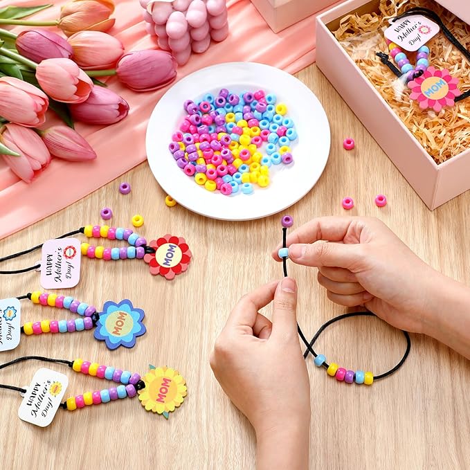 Ferreve 24 Sets Mother's Day Beads Necklace Crafts Kit Mother's Day Gifts DIY Mom Wooden Flowers Necklace Kits Bulk Make Your Own Mom Gifts for Family Classroom Making Party Favors