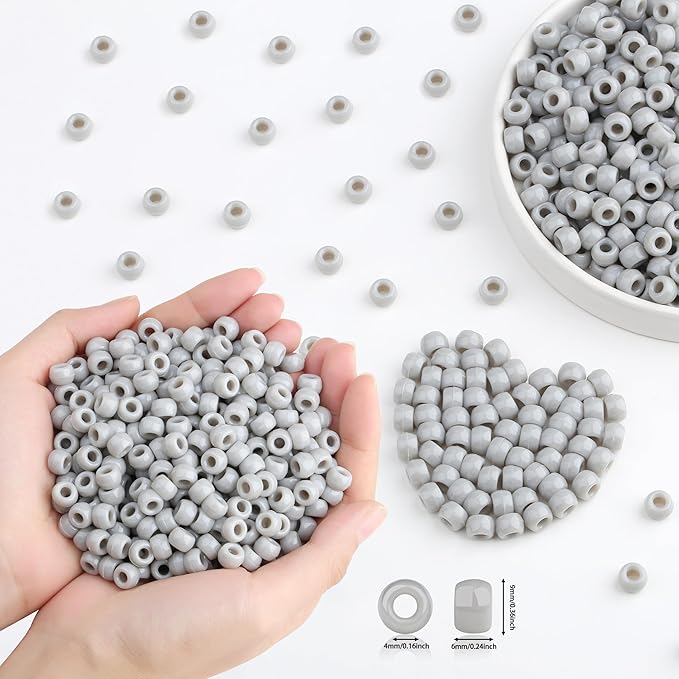 1000 Pc Boxed Grey Pony Beads, 9MM Plastic Craft Beads with Large Hole, Grey Hair Bead for Braids, Bracelet Bead for Jewelry Making