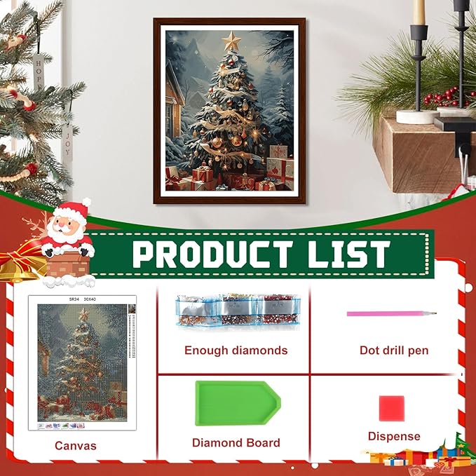 EMIEAUFG Christmas Diamond Art Kits for Adults, Christmas Tree Diamond Paiting Kit for Beginners, 5D DIY Round Full Drill Craft Diamond Dot Gem Art, Home Wall Decor 12" x 16"
