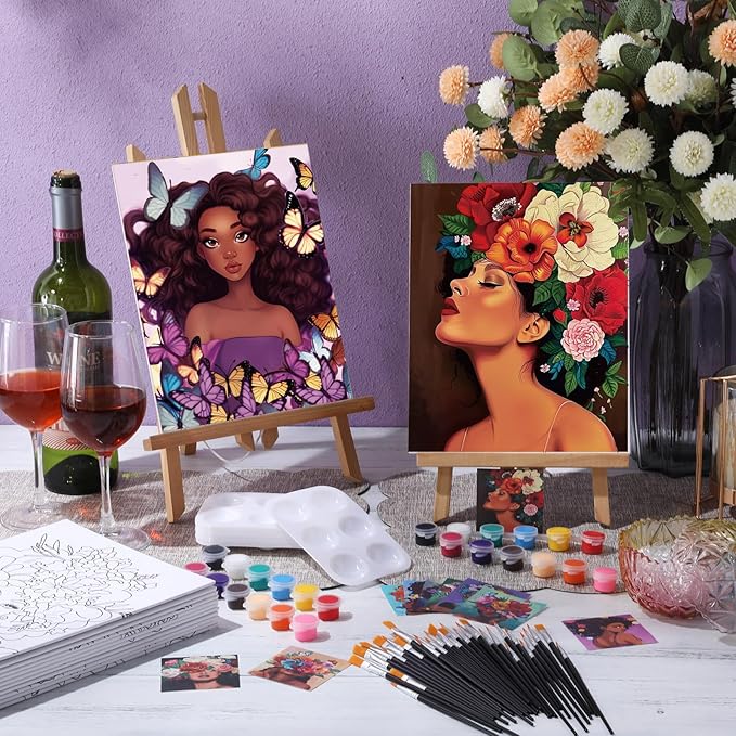 Ctosree 12 Pack Pre Drawn Canvas Kit for Painting Sip and Art Paint Kit for Adults Pre Painted Canvas Party Favors for DIY Holiday Party Date Night Gifts(Flower Lady,10 x 8 Inch)
