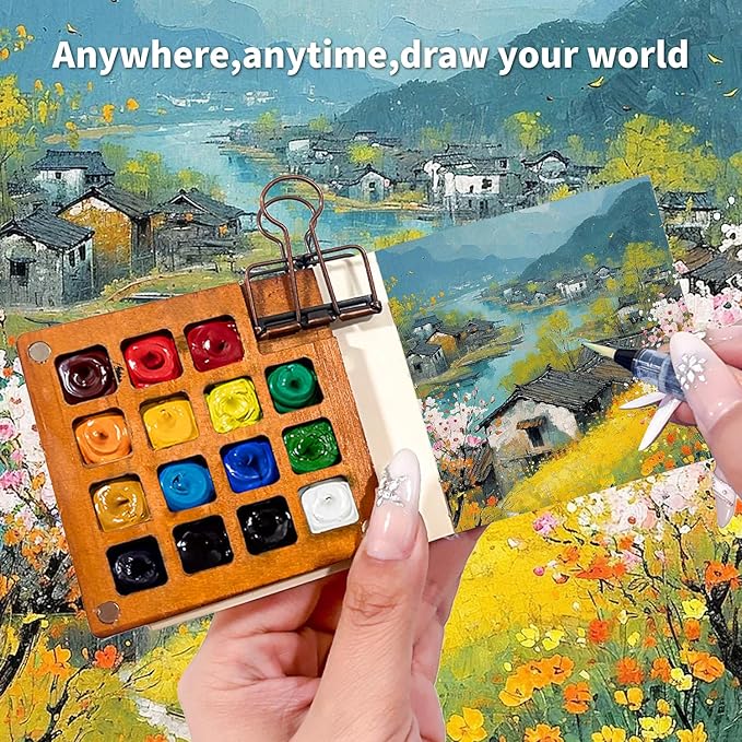 Portable Mini Set - 24 Color Travel Watercolor Kit with Nano Palette, Wooden Grid Paint Box, Watercolor Pens & Binder Clips | Pocket Artist Painting Supplies for Adults, Artists, Students