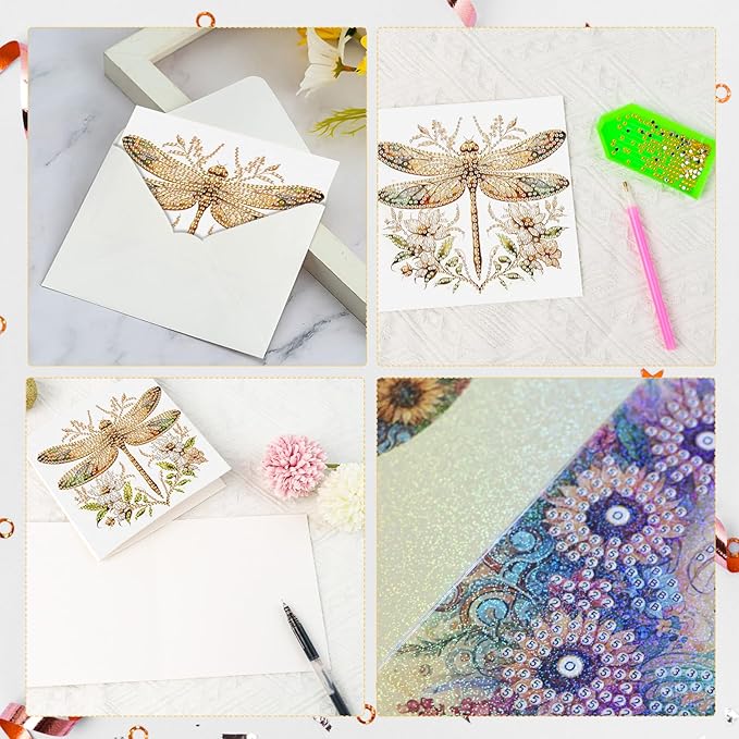 6pcs 5D DIY Diamond Painting Kit Greeting Card,Diamond Handmade Greeting Card with Envelope, Holiday Gift Congratulations Colourful Dragonfly