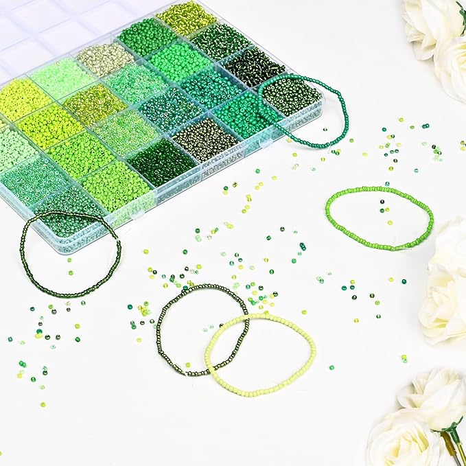 Vtssvow 2mm Glass Seed Beads for Bracelets Making, 24 Colors 22000pcs Friendship Bracelet Making Kit, Small Glass Beads for Jewelry Making (Mix 24 Color, Green)