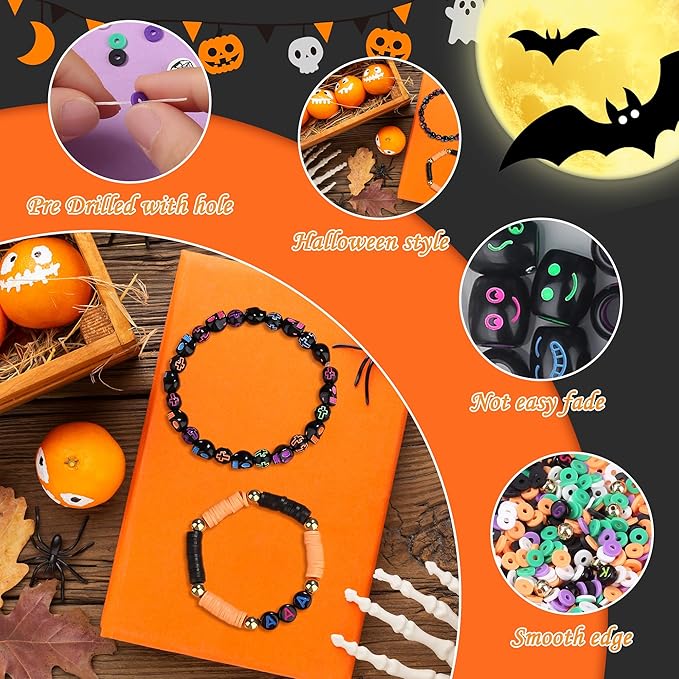 XIANNVXI 2846pcs Halloween Clay Beads Jewelry Making Orange Purple Black White Green Friendship Bracelet Supplies with Halloween Pattern Clay Beads Crafts