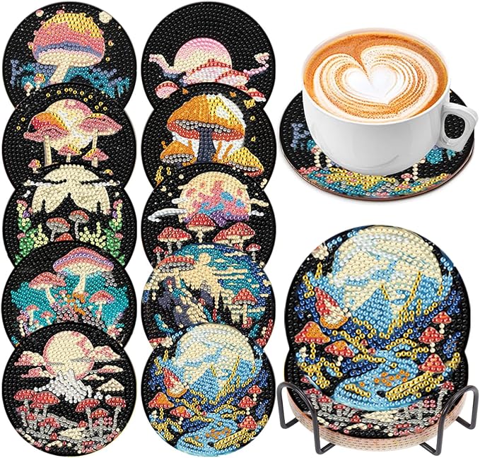 EWJRNSF 10 PCS Diamond Art Coasters Kit, Small Diamond Painting Coasters, Fall Diamond Art Kits for Adults Beginners, Arts and Crafts Supplies Item Sets with Holder Mushroom