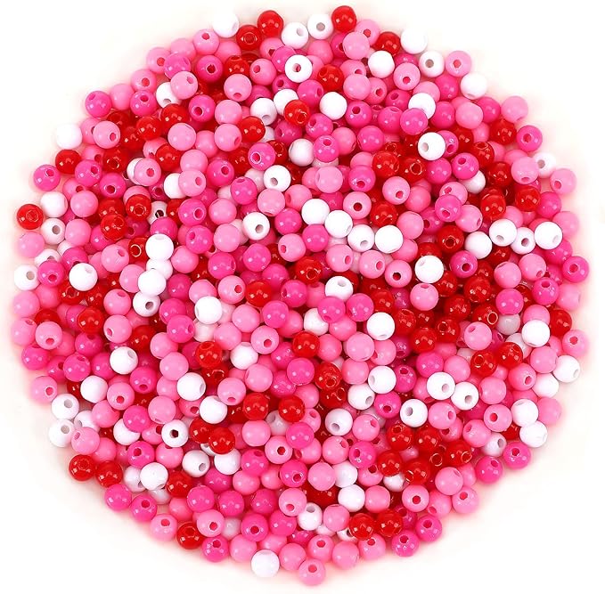 UPINS 1500Pcs Valentines Beads for Making Crafts Pink Rose Red White Beads Plastic Small Valentine Day Spacer Beads Hair Beads for Crafts Supplies