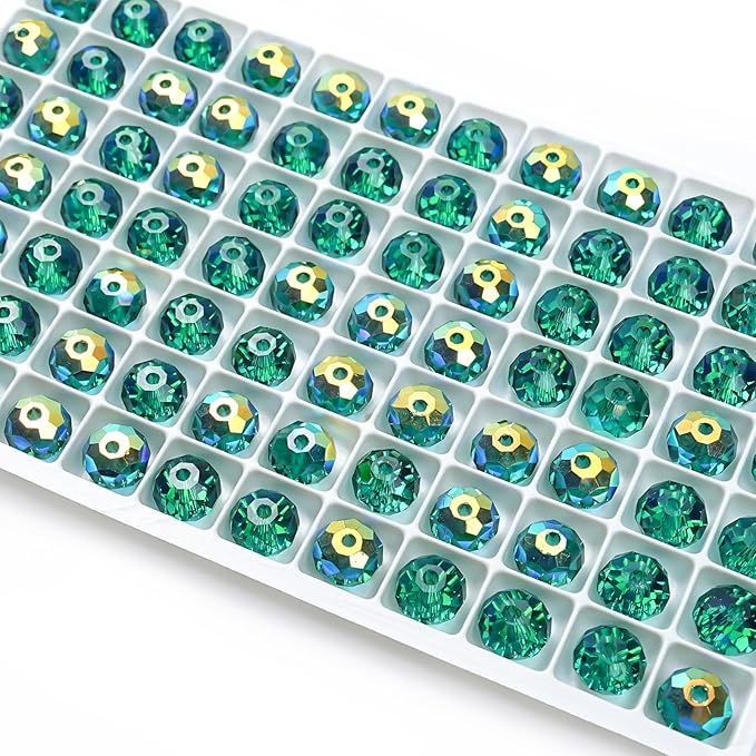 336 pcs 8mm 68 Faceted Crystal Rondelle Sparkly Suncatcher Beads Bulk AB Clear Glass Bead Set for DIY Jewelry Bracelet Necklace Earring Making Crafts Kit (Peacock Green)