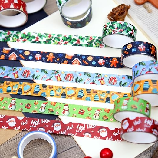 Christmas & Winter Washi Tape Set - 16 Rolls Holiday Decorative Tape for Bullet Journals, Scrapbooking & Gifts (0.6" x 10 ft) - Santa, Tree, Snowman, Penguin, Bear, Red Green Blue