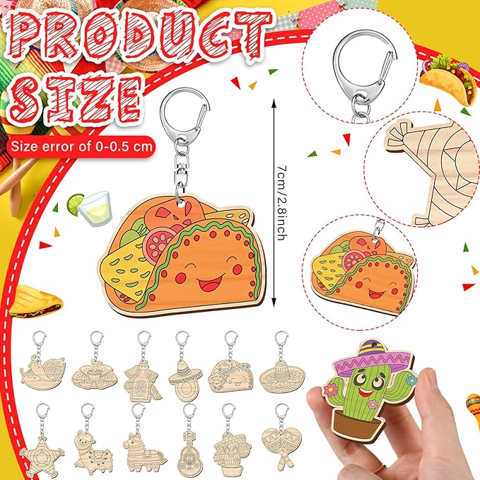 Trnayi 36 Pcs Fiesta Wooden Mexican Craft Kits Color Your Own Cinco De Mayo Keychain DIY Cactus Tacos Llamas Wood Keychains Paintable Unfinished Craft Exchange Gift for Fiesta Party Activity