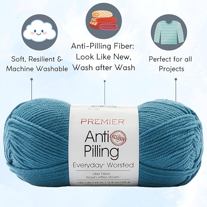 Premier Yarns Everyday Anti-Pilling Solid Lake DN100-91 (3-Skeins - Same Dye Lot) #4 Worsted Weight Acrylic Yarn for Crocheting and Knitting with Project Bag