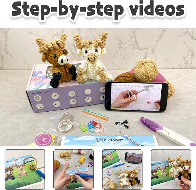Highland Cow Crochet Kit for Beginners & Adult, Learn to Crochet Starter Set with Step-by-Step Video Tutorial & Instruction, Easy Animal Knitting Kit for Kid 12+, Fun Holiday Craft Gift