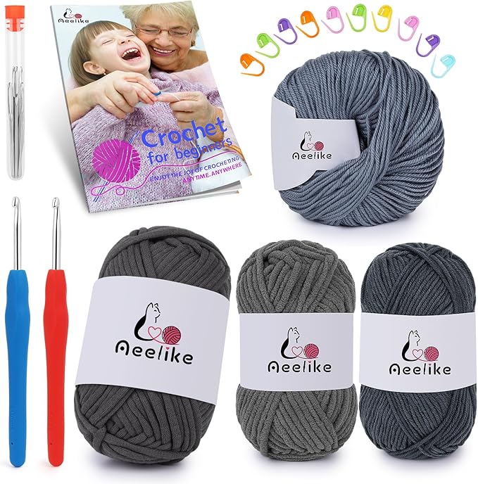 Aeelike Beginner Crochet Yarn Kit w 4 Different Materials Grey Yarns (Polyester, Cotton, Acrylic, Milk Cotton,) & 2 Ergonomic Hooks (G&7), Ideal Starter Crochet Set for Beginners