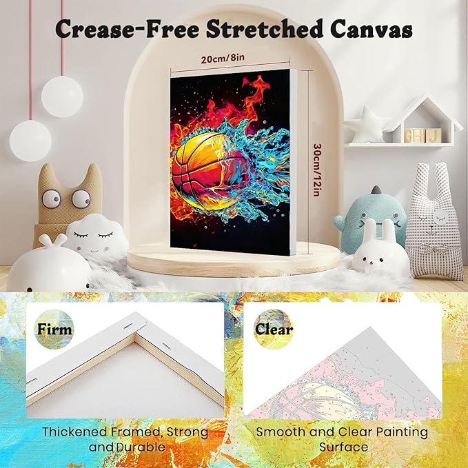 4 Pack Paint by Numbers for Beginners with Framed Canvas - with Wooden Easel, Ball Sports Paint by Number, Easy Cartoon Acrylic Oil Painting Kits on Canvas with Brushes for Home Wall Decor (8x12 inch)