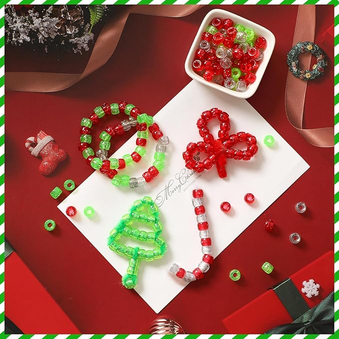 UPINS 1200Pcs Christmas Glitter Pony Beads Bulk for Necklace Bracelets Earrings Jewelry Making Christmas Party Decoration Supplies DIY Craft Hair Beads