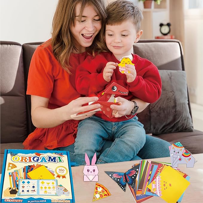 Origami Paper origami for Kids 5-8, foldology for kids100 Sheets Folding Paper (45Patterns×2+10Blank) with clear Guiding Book, Animals Dinosaur Art Activity DIY Craft Set Gifts