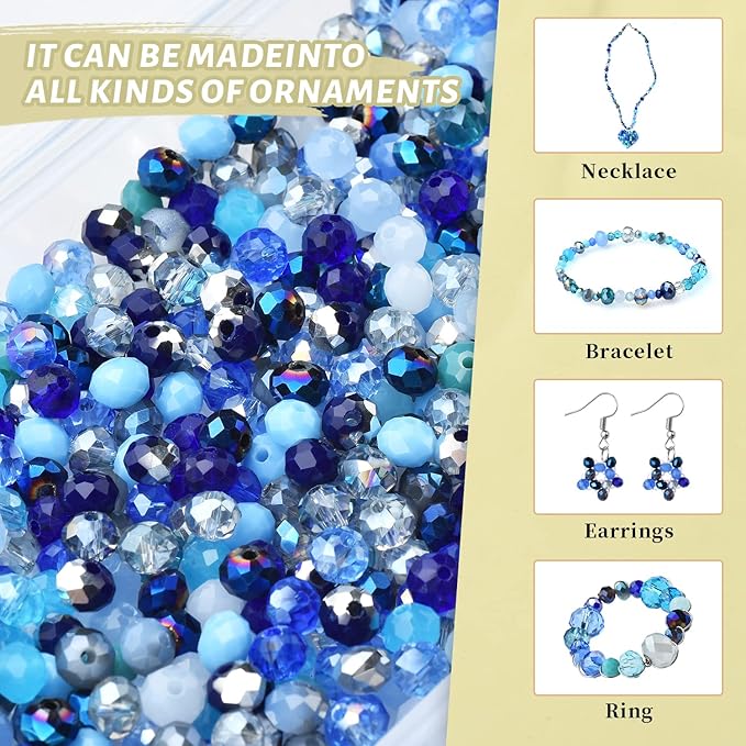 4/6/8mm Crystal Glass Beads,3 Sizes Total 1000pcs Faceted Briolette Rondelle Beads with Container,Loose Spacer Beads for DIY Beading Projects,Earrings,Necklaces(Blue Color)