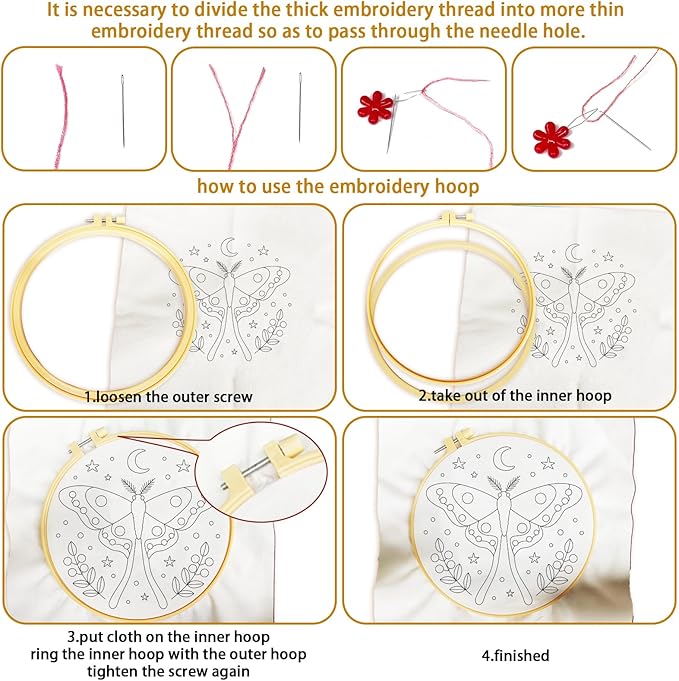 BEUNITONE 6 Set Butterfly Embroidery Kit for Adults Beginners, DIY Needlepoint Craft Kits with Instructions and Hoops, Complete Starter Set for Adults, Funny Hand Embroidery for Fabric and Home Decor