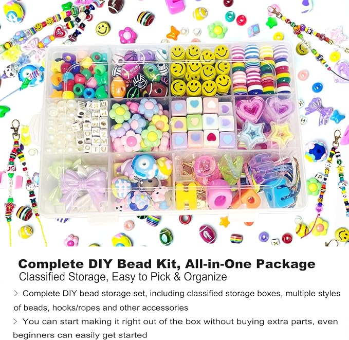 ROPIKIS DIY Bead Keychain Making Kit, 440 PCS Craft Supplies with 6 Keychains, Acrylic Beads Football Rugby Heart Star Flower Letter Alphabet for Custom Key Chain Bag Charm Gift for Girls Women