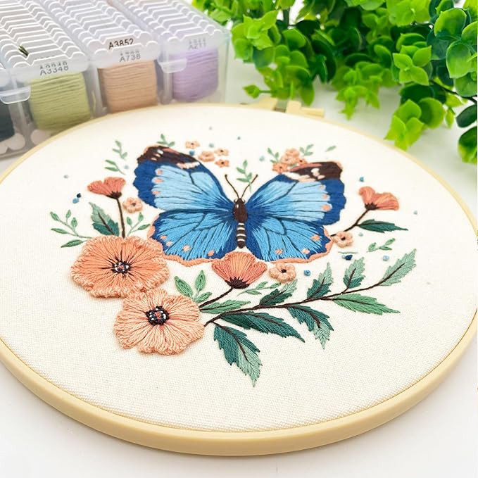 Silentsea Embroidery Kit, Floral and Nature Designs, 3-Pack with Hoops, Needlework Pattern Set (Butterfly)