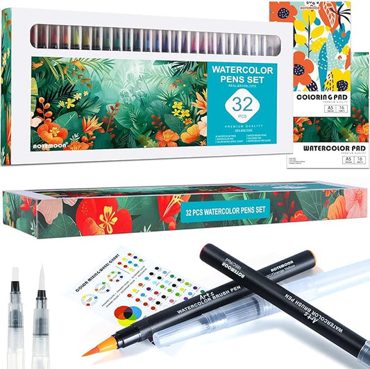 32 Watercolor Pens Set Includes 26 Vivid Colors, Real Brush Tips Paint Markers Set with 2 Blender Pens, Watercolor Pad and Coloring Pad, Art Supplies Gifts for Beginners Young Artists and Adults