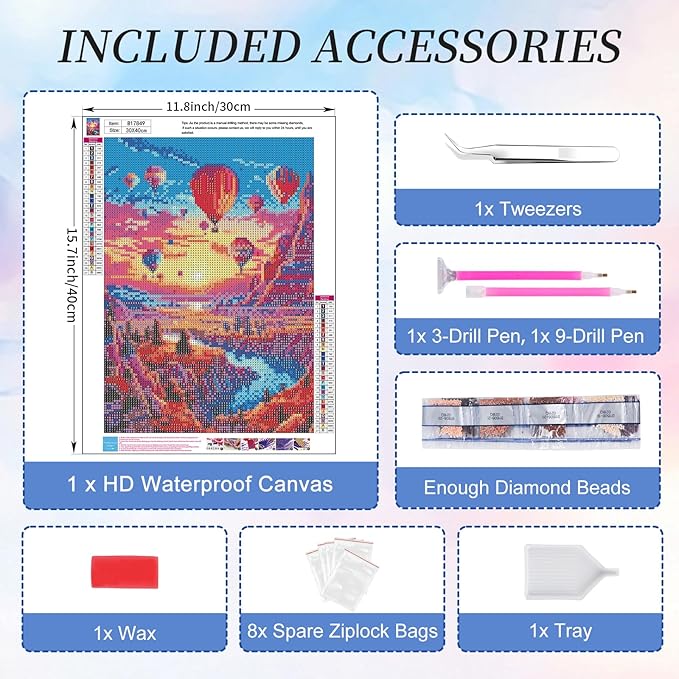 Diamond Art Kits for Adults Hot Air Balloon, 5D Sunset Landscape Diamond Painting Kits for Beginners, DIY Mountains Lake Full Round Dots Drill Gem Art Kit for Gift Home Wall Decor 12 x 16 Inch