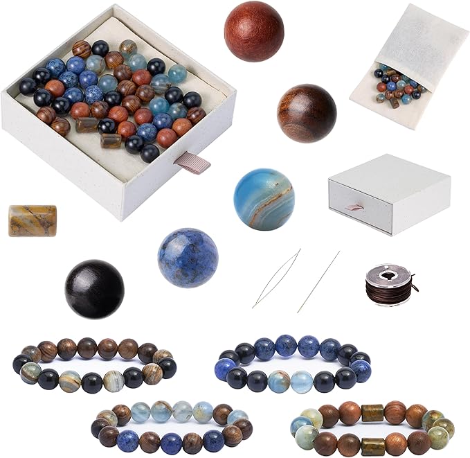 Geezon Navis Bracelet Making Kit - 10mm Natural Stone Beads with Wooden Beads - 48pcs Multicolor - DIY Jewelry Making Starter Kit Adult Men Women Birthday Gift Craft (48, Color B)