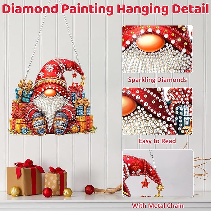MEIYUDA Gnomes Diamond Art Hanging Kits for Adult, Christmas Gnomes Diamond Painting Hanging Kits Ornaments, DIY Special Shaped Rhinestone Window Pendants kit for Home Garden Wall Decor Gift