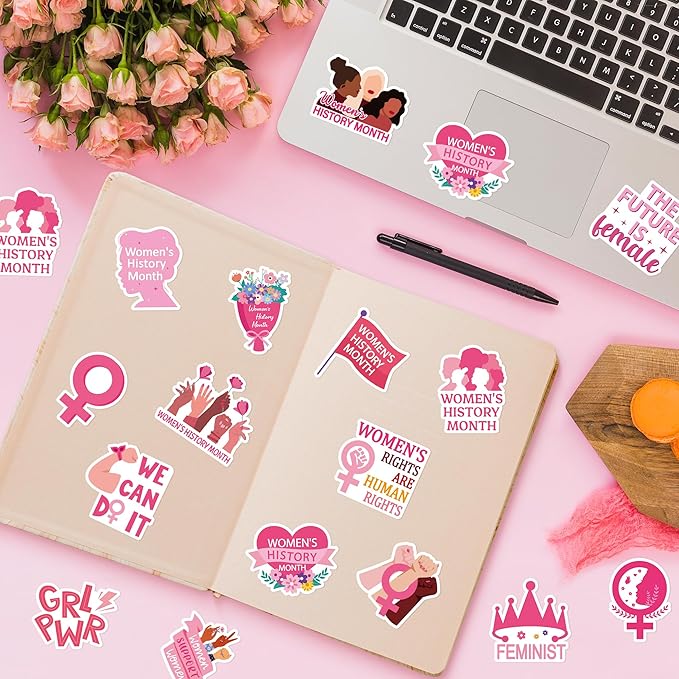 beyumi women's history month sticker - 1000pcs women's history month stickers in 2 rolls waterproof vinyl inspirational feminist stickers girl power rights decal party gifts bottle scrapbooking decor