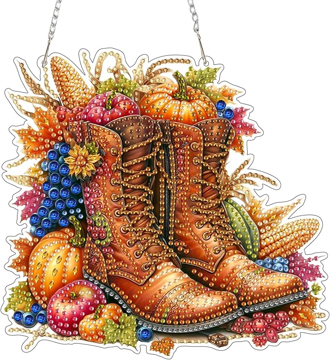 SENQAO Boots Diamond Art Hanging Kits for Adults Kids, Acrylic Diamonds Painting Pendant Board Kit Thanksgiving, Diamond Art Painting Window Pendants Home Garden Wall Hanging Kits Hanging Ornament