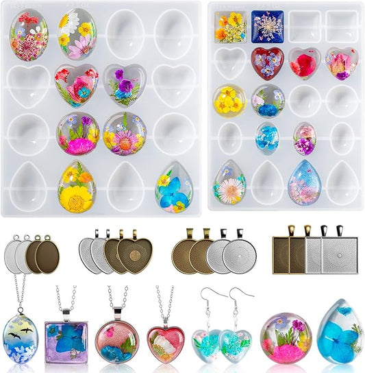 LET'S RESIN Cabochon Gems Resin Molds, 36 Cavities UV Resin Jewelry Making Kit with 16 PCS Metal Pendants Trays,Silicone Molds for Pendants,Earrings,Necklace