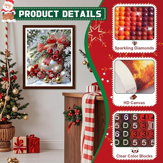 EMIEAUFG Christmas Diamond Art Kits for Adults, Christmas Ornament Diamond Paiting Kit for Beginners, 5D DIY Round Full Drill Craft Diamond Dot Gem Art, Home Wall Decor 12" x 16"