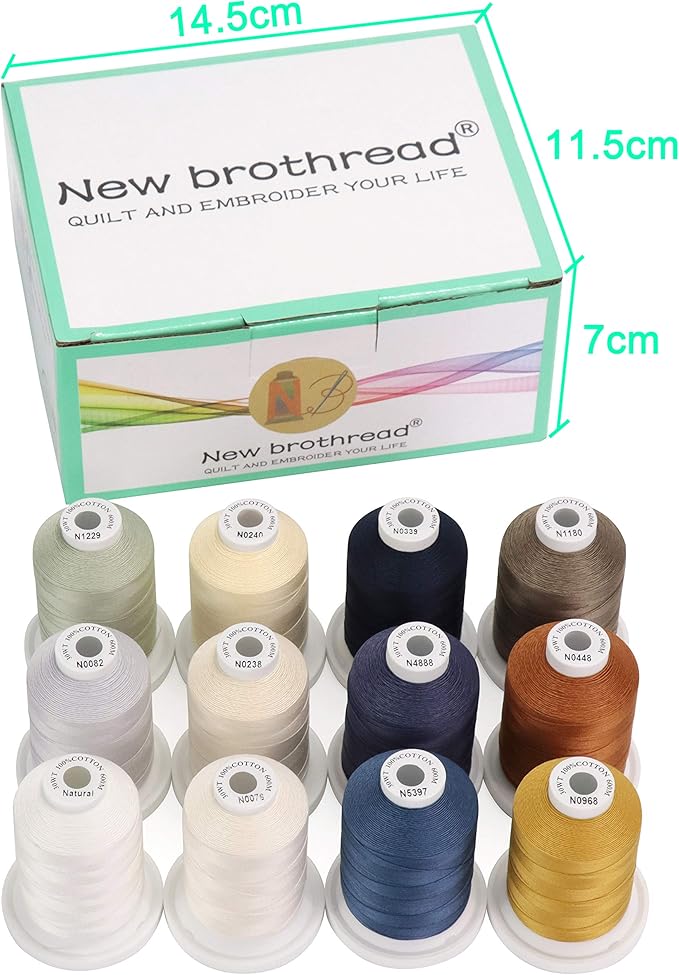 New brothread - 18 Options - Multi-Purpose 100% Mercerized Cotton Threads 50S/3 600M(660Y) Each Spool for Quilting, Serger, Sewing and Embroidery - 12 Neutral&Jean Colors