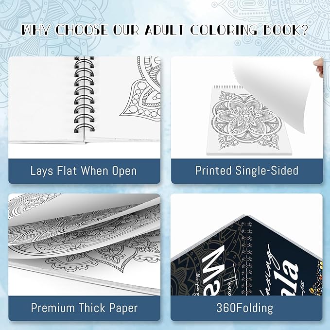 Adult Coloring Book, Mandala Adult Coloring Book for Women Relaxation,Spiral Bound Single-Sided Print Mindfulness Relaxing Gifts for Women to Stress Relief & Relieve Anxiety, Hand-Drawn Design
