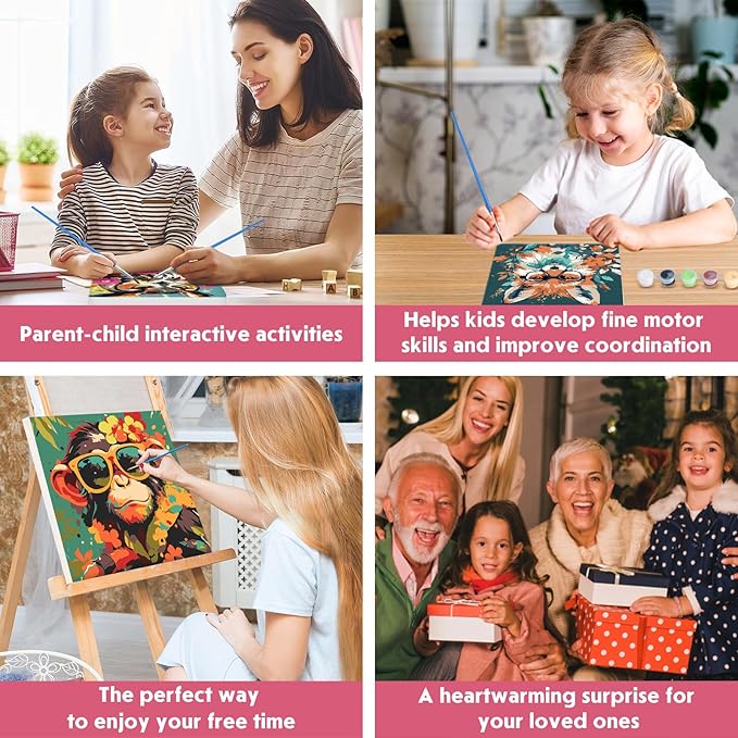 4 Pack Paint by Numbers Kit for Kids Beginner with Wooden Frame, Fantasy Owl, Fox, Llama, Monkey, Paint by Numbers Kit for Adults, Animal with Flowers, DIY Painting Kits for Home Wall Decor 8x8 inch