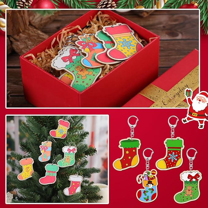 Trnayi 36 Pcs Christmas Stocking Craft Unfinished Wooden Keychains Color Your Own Christmas Stocking Wooden Crafts to Paint Blank Wood Painting DIY Crafts for Xmas Party Home Arts Project Decor